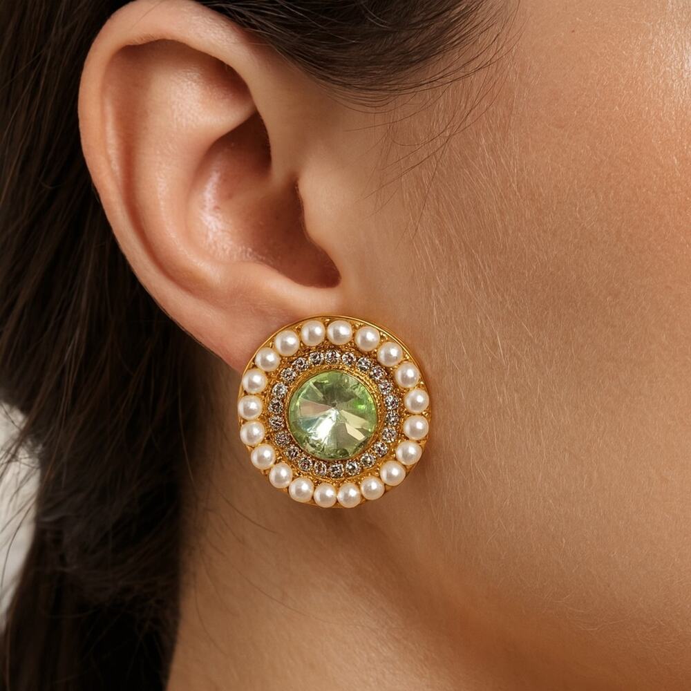 D'Bello Gem Earrings Round Stud Gold Green Gem Faux Pearl Gift Sealed Holiday